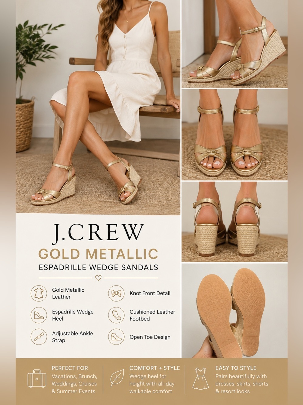 J. Crew Gold Metallic Espadrille Knot-Front Wedge Sandals